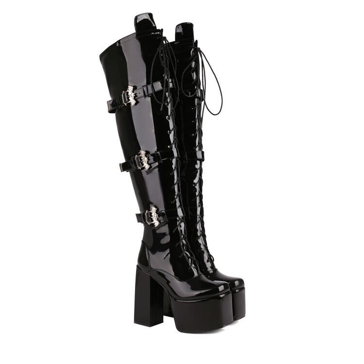【Pre-sale | Ships In 15 Days】patent Leather Front Lace-up Square Buckle Round Head Waterproof Platform Chunky High-heeled Over-the-knee Boots_voghion.com