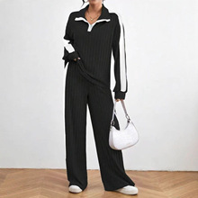 欧美跨境简约运动风撞色拼接翻领拉链上衣阔腿裤休闲百搭两件套