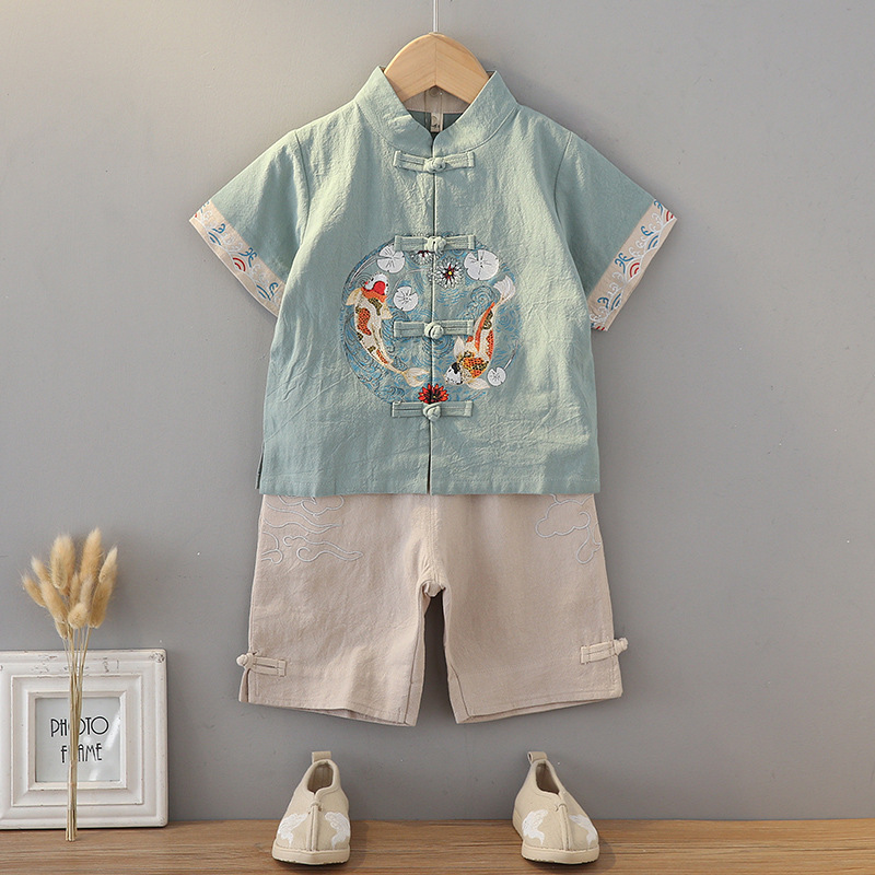 Hanfu-style children's traditional Chinese costume for baby's first birthday, summer cotton and linen thin boy's set Chinese Tang-style dress
