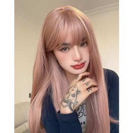 假发女长发网红时尚自然减龄可扎粉色假发齐刘海长直发全头套式网