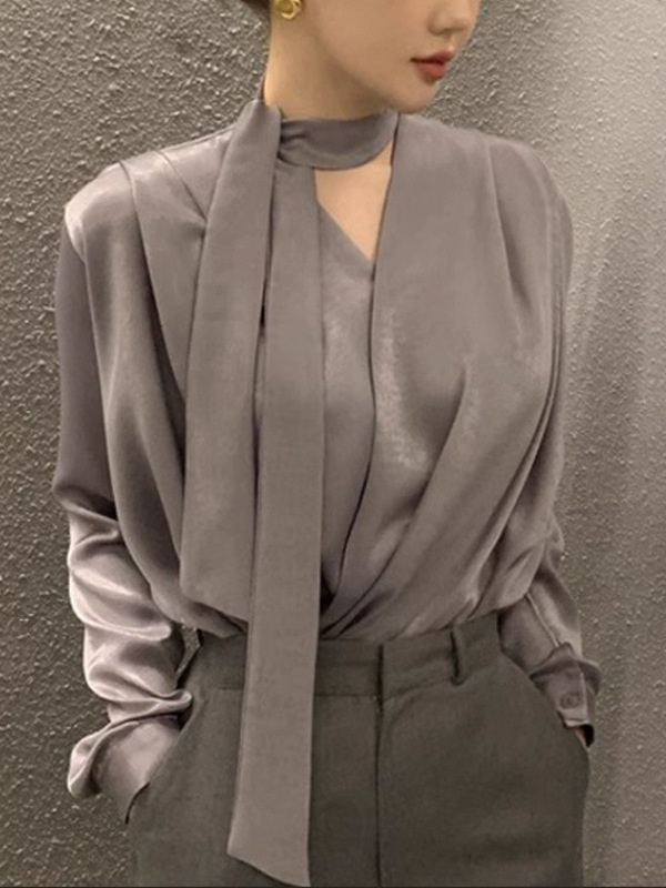 春夏の女性用高級軽量高級アセテートサテンシャツ、リボン付きVネックシャツ、フランスの美しいトップス|undefined