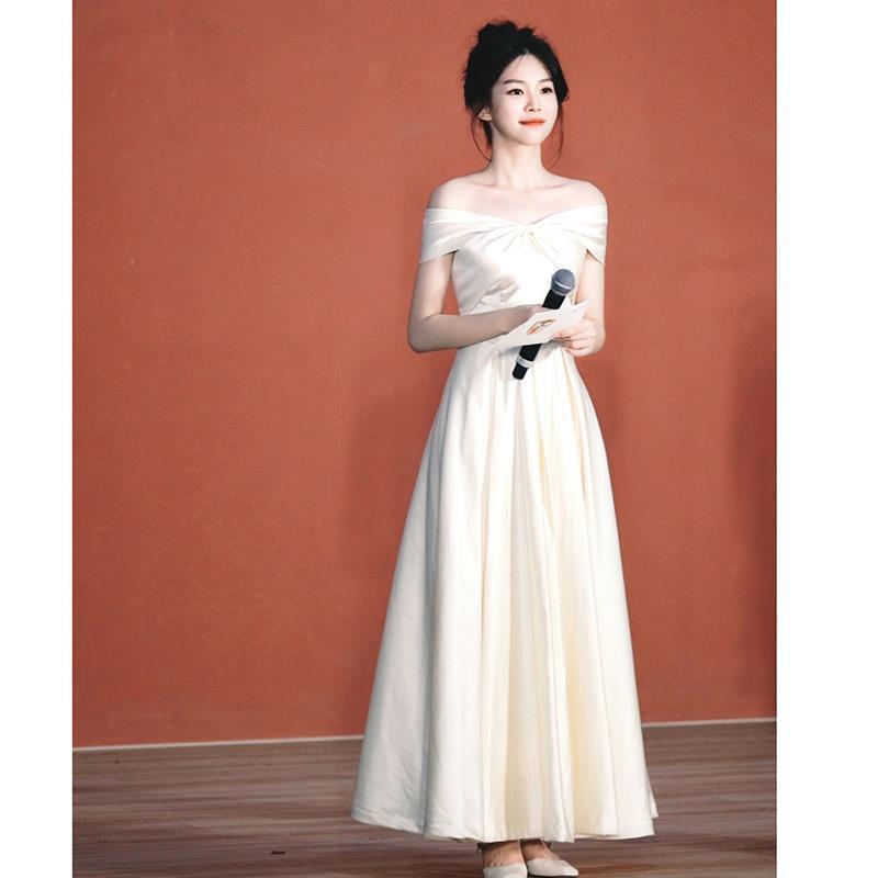 晚礼服一字肩高端轻奢小众法式订婚连衣裙白色领证登记小白裙夏季|undefined