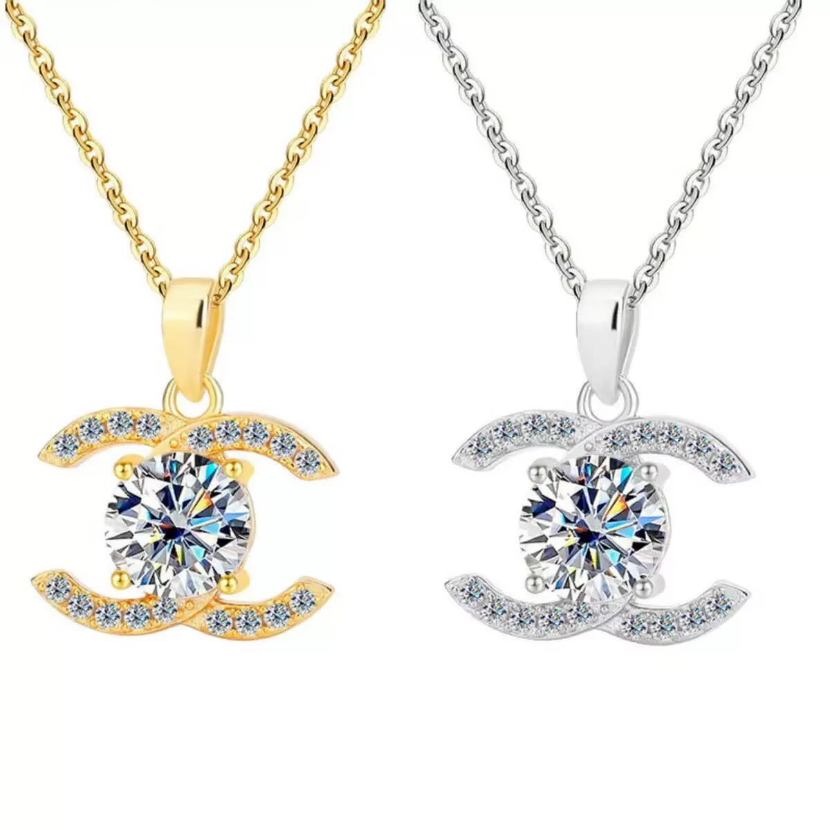 跨境热销18k仿莫桑石项链女双C小香风高级欧美银饰工厂一件批发