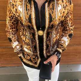 独立站 秋季新款欧美男士休闲豹纹宫廷印花碎花长袖衬衫上衣潮