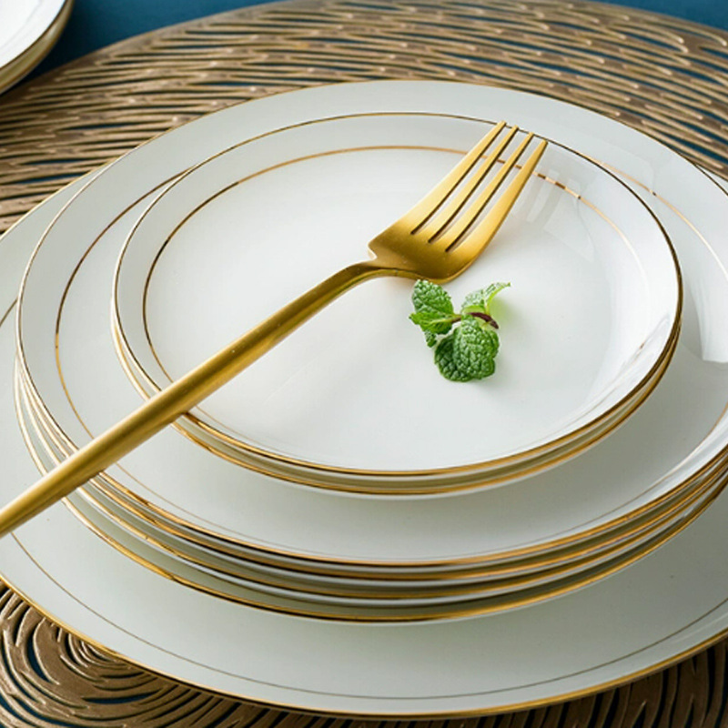景徳鎮ゴールドエッジプレートボーンチャイナディッシュプレートクリエイティブ家庭用食器ラウンドフラットプレート西洋ディッシュボーンプレートライト高級プレート|undefined