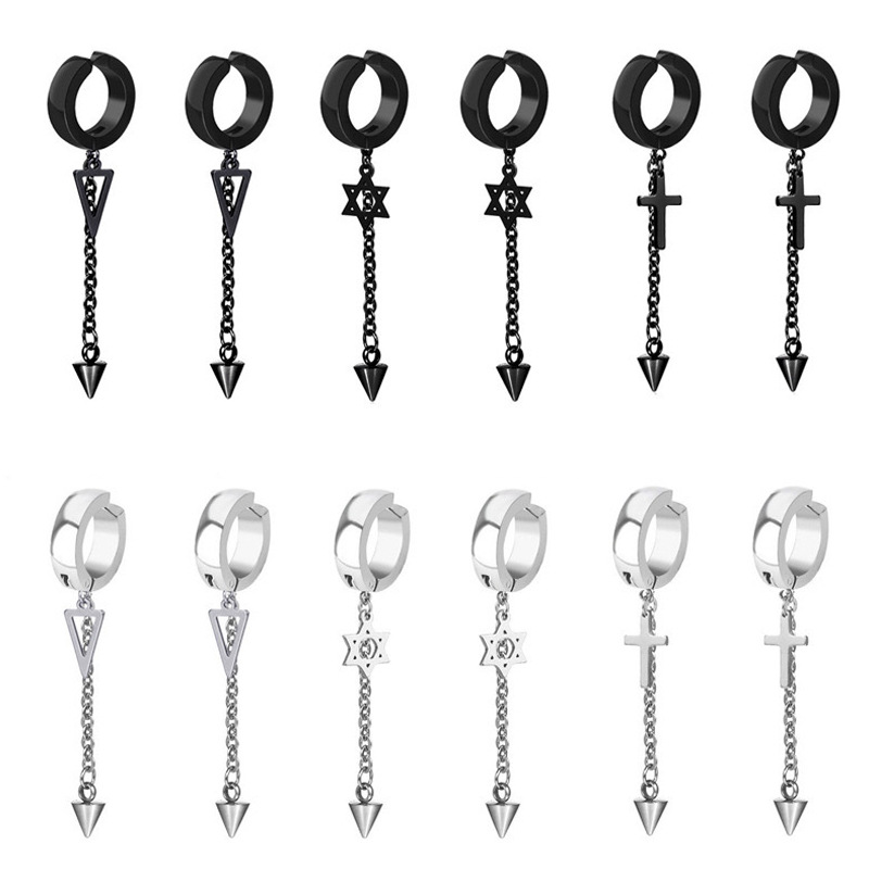 New Punk Earrings Stainless Steel Cross Pointed Cone Ear Clip Long Tassel Chain Triangle Hexagram Earrings
