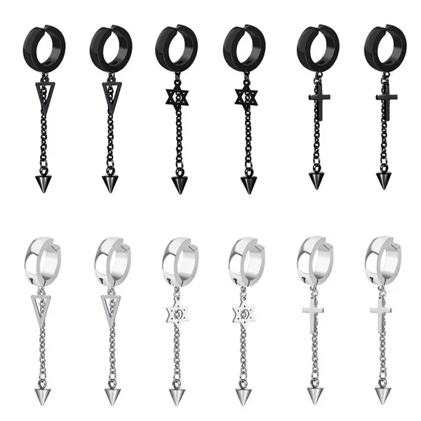 New Punk Earrings Stainless Steel Cross Pointed Cone Ear Clip Long Tassel Chain Triangle Hexagram Earrings
