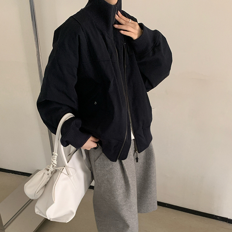 韩国东大门2025秋新休闲简约气质立领宽松显瘦百搭棉服夹克外套女|undefined