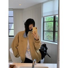实拍 秋冬立领撞色格子宽松慵懒风仿麂皮夹克外套休闲百搭上衣女