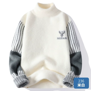 秋冬季仿水貂绒毛衣男加绒加厚半高领针织打底衫青少年高中学生衣