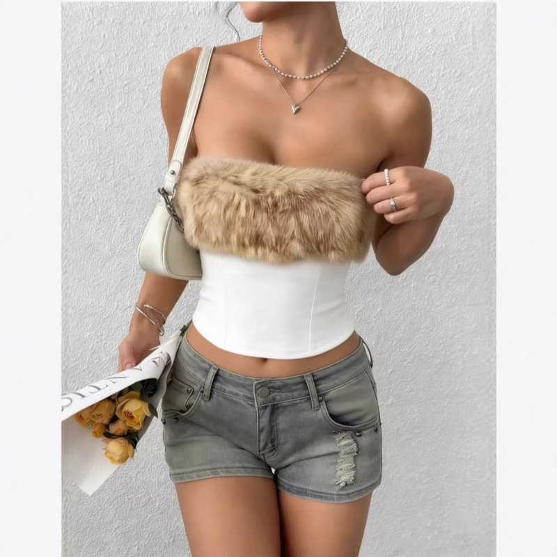 European and American Amazon New Style Fur Collar Patchwork Sleeveless Tube Top for Women, Pure Desire Hot Girl Slim Fit Top for Women European and American Amazon New Style Fur Collar Patchwork Sleeveless Tube Top for Women, Pure Desire Hot Girl Slim Fit Top for Women