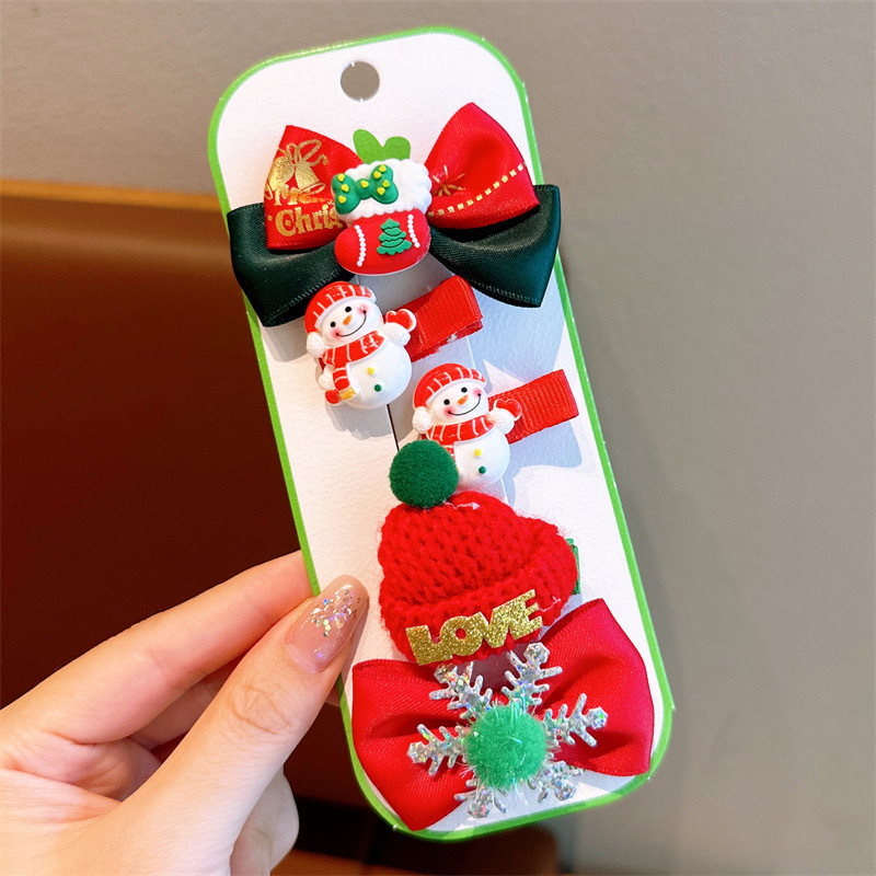 2024 nuevo clip de pelo de Navidad para niños clip de pelo de arco rojo para niñas muñeca de nieve vestido de vacaciones