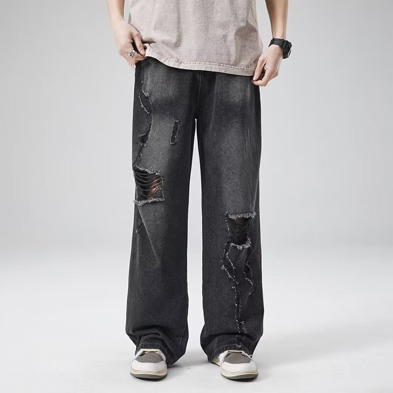 Ripped Jeans Men's Spring and Autumn New American Street Style Handsome Long Pants Trendy Boys Loose Slightly Flared Straight Pants