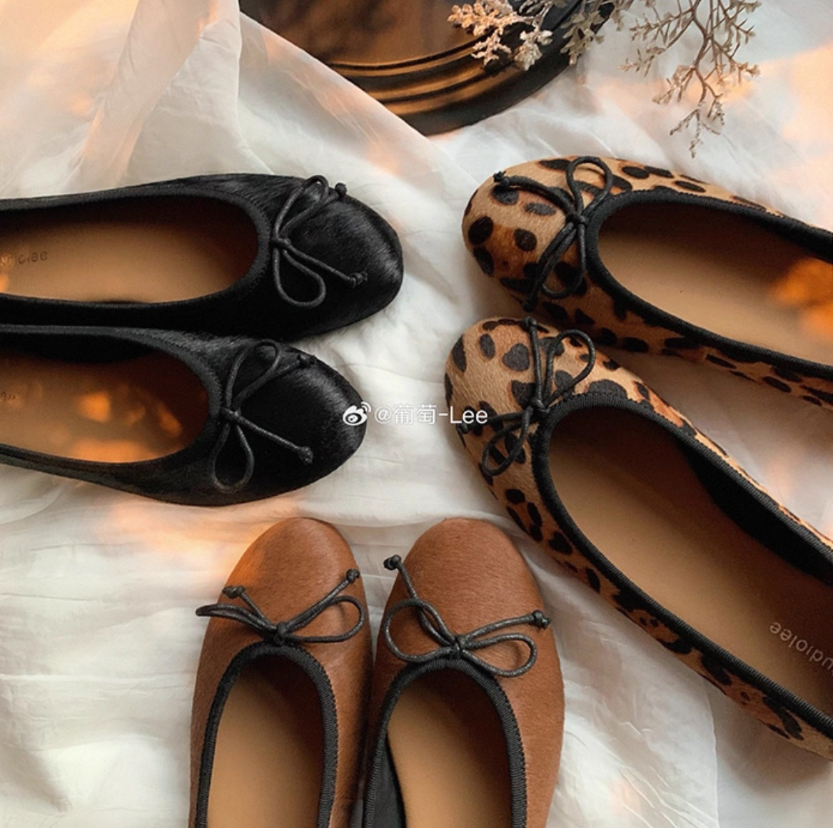 Ready Stock~Grape Mom Studiolee Genuine Leather Horse Hair Classic Small Round Toe Bow Leopard Print Shoes for Women