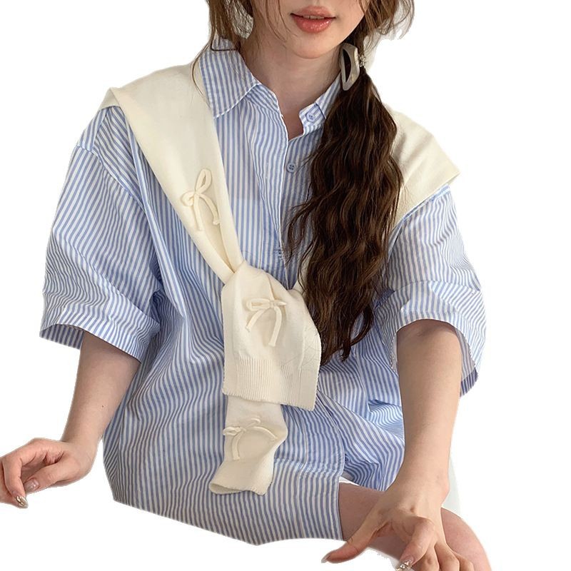 Sopa de punto para mujeres otoño y invierno nuevo arco tridimensional con falda camisa de nudos de cuello pequeño hombro de hombro