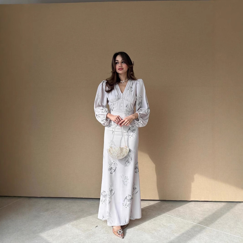 2025 Turkish Cross-Border Women's Clothing Printed V-Neck Cinched Waist Lantern Sleeve Slim-Fit Flared Long Dress Elegant New Style 2025 Turkish Cross-Border Women's Clothing Printed V-Neck Cinched Waist Lantern Sleeve Slim-Fit Flared Long Dress Elegant New Style