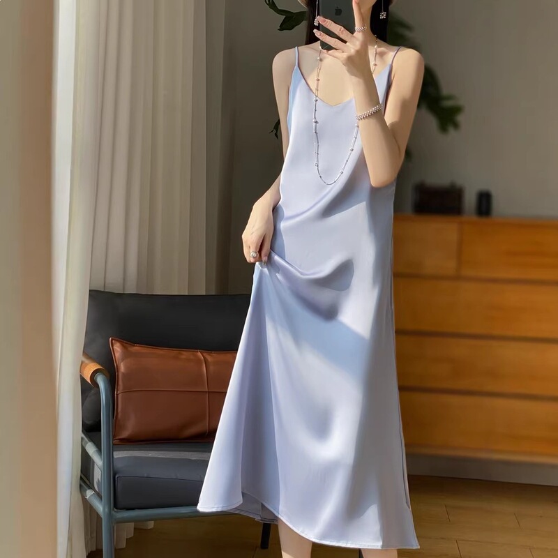 Acetate Satin Camisole Dress for Women, Faux Silk V-Neck, Summer High-End Elegant Style, Slimming and Flattering Long Camisole Dress