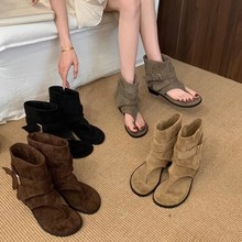 软皮版法式人字夹趾凉鞋女2025夏季新款平底凉靴宽松套筒库管短靴