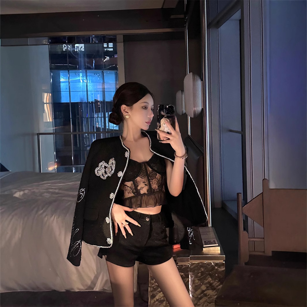 Autumn and Winter New Elegant Chanel Style Top High-grade Heavy Industry Nail Drill Tweed Short Coat for Women