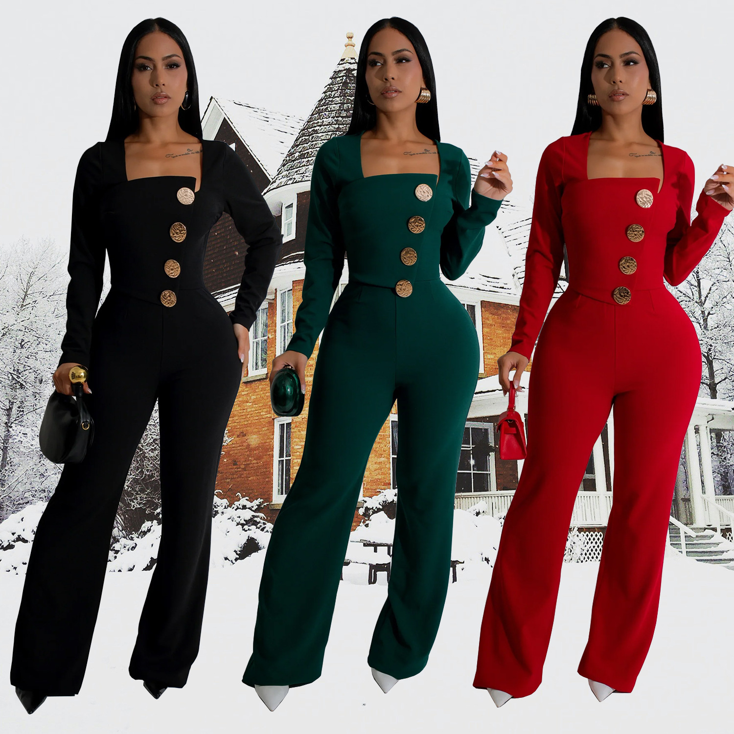 C7201 Cross-border AliExpress Amazon Pantalones de brazo de manga larga para mujer de moda europea y americana Mono delgado de color sólido