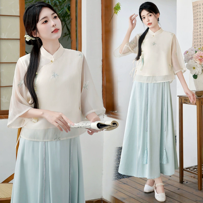 2025 Летний новый ретро новый китайский стиль улучшенный литературный чай костюм с вышитым воротником рубашка топ костюм женский