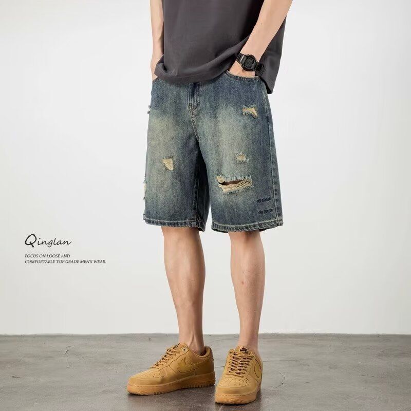 American Rip Denim Shorts Men's 2025 Summer New High Street Fashion Brand Retro Loose Casual Pants Men's Fashion American Rip Denim Shorts Men's 2025 Summer New High Street Fashion Brand Retro Loose Casual Pants Men's Fashion