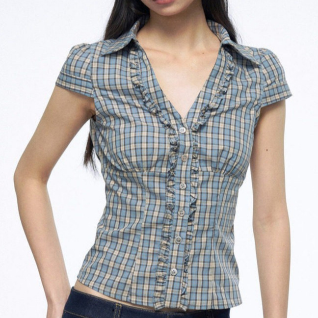 Archivu Blue Ruffled Striped V-Neck Regular Shoulder Waist-Cinching Design Shirt Short-Sleeve Top Summer