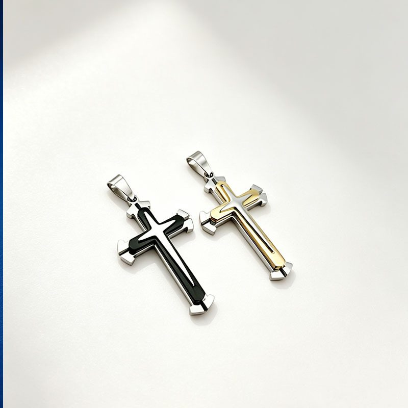 European And American Trendy Men's Three-layer Cross Pendant Stainless Steel Necklace, Popular Pendant, Cross-border_voghion.com