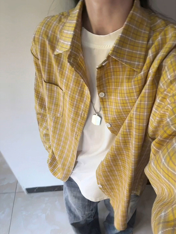 孔雀蓝色格子衬衫男女秋季高级感慵懒风格纹衬衣美式休闲情侣外套|undefined