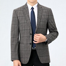 男装高档西服中老年商务休闲羊毛小西装男士免烫大码毛料格子外套