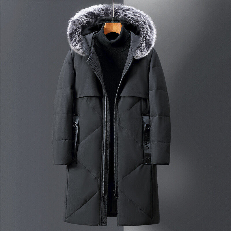 2023 New Down Jacket Men's Mid Length Genuine Fur Collar White Duck Down Knee Length Insulation Jacket_voghion.com