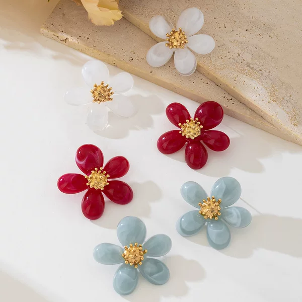 6 Pieces of Fashionable and Sweet Silver Needle Resin Flower Earrings, Fresh and Girly Style, Simple and Versatile Early Spring Accessories