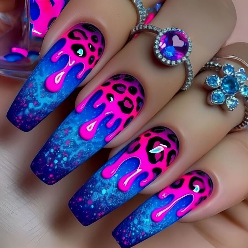 Press-On Fake Nail Patches, Long Ballet Nails, Purple Leopard Print Smudged Pattern Nail Patches, Spring and Summer