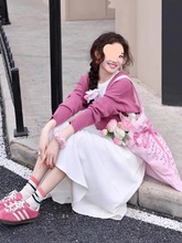 春装搭配一整套小个子甜美清新温柔粉色针织罩衫白色半身裙