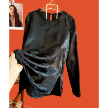 真丝提花开叉新中式国风桑蚕丝白衬衫黑色衬衣女式秋装上衣秋夏季