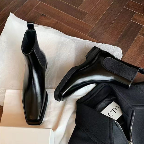 Grape Mom Autumn and Winter New British Style Elegant Square Toe Chelsea Boots Thin Thick Heel Thick Bottom Leather Ankle Boots for Women