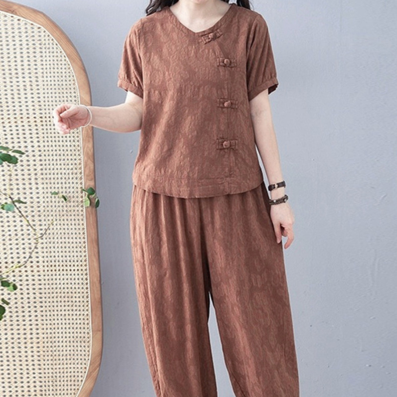 大码女装亚麻两件套中式国风妈妈夏装2025新款棉麻套装女夏季洋气|undefined