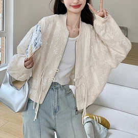 棒球服外套女2024春秋亮片短款中式国风盘扣小个子夹克上衣
