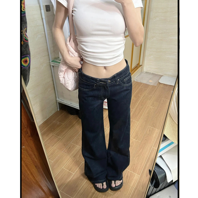 Petite American-Style Spicy Girl Denim Original Color Low-Rise Flared Jeans Women's Spicy Girl Style Slim Fit Straight-Leg Pants
