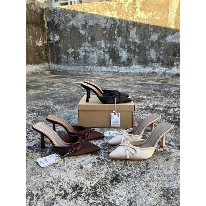 High-Looking Autumn Women's Outer Wear Brown Pointed-Toe Satin Bow Ultra-High-Heeled Mules with Toe Caps and Shallow Half-Slippers High-Looking Autumn Women's Outer Wear Brown Pointed-Toe Satin Bow Ultra-High-Heeled Mules with Toe Caps and Shallow Half-Slippers
