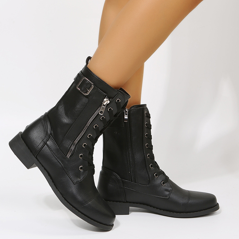 Chaussures pour femmes nouvelles bottes Martin à bout rond et à talon bas avec fermeture éclair sur le côté pour femmes, bottes en cuir rétro à talon carré et tube moyen de grande taille_voghion.com