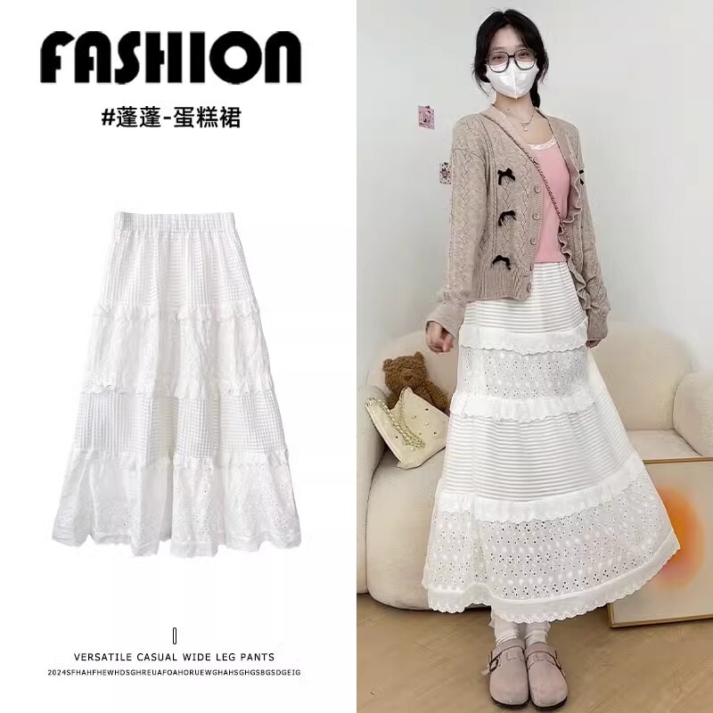 White High-Waisted Long Skirt for Women, 2026 New Spring and Autumn Style, Large Flared Skirt, Petite Puff Cake Skirt White High-Waisted Long Skirt for Women, 2026 New Spring and Autumn Style, Large Flared Skirt, Petite Puff Cake Skirt