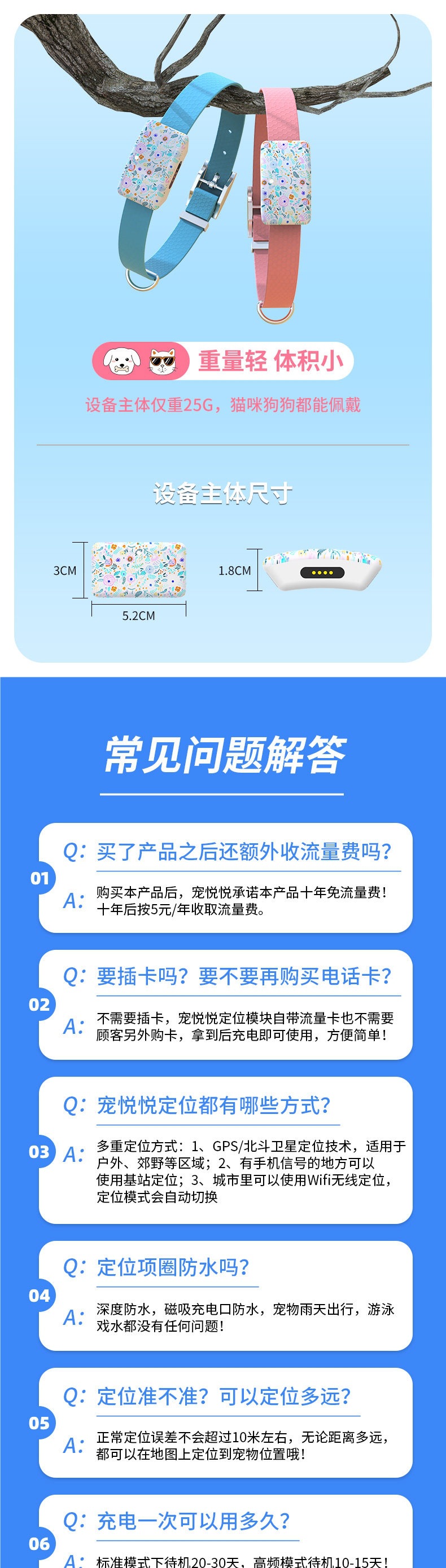Chong Yue Yue Pet GPS Locator Anti-Loss Device Smart Collar for Cats and Dogs, Waterproof Motion Monitoring Tracker
