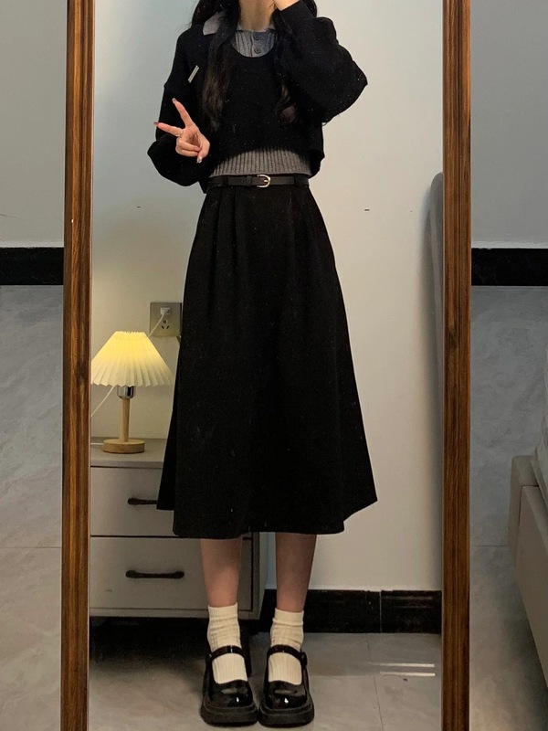 学院风短款韩系毛衣秋高腰两件套针织衫polo领上衣新款女装套装|undefined