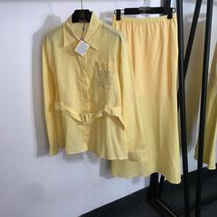 2025南油新款亚麻套装logo刺绣口袋收腰长袖衬衣+松紧腰长款半裙
