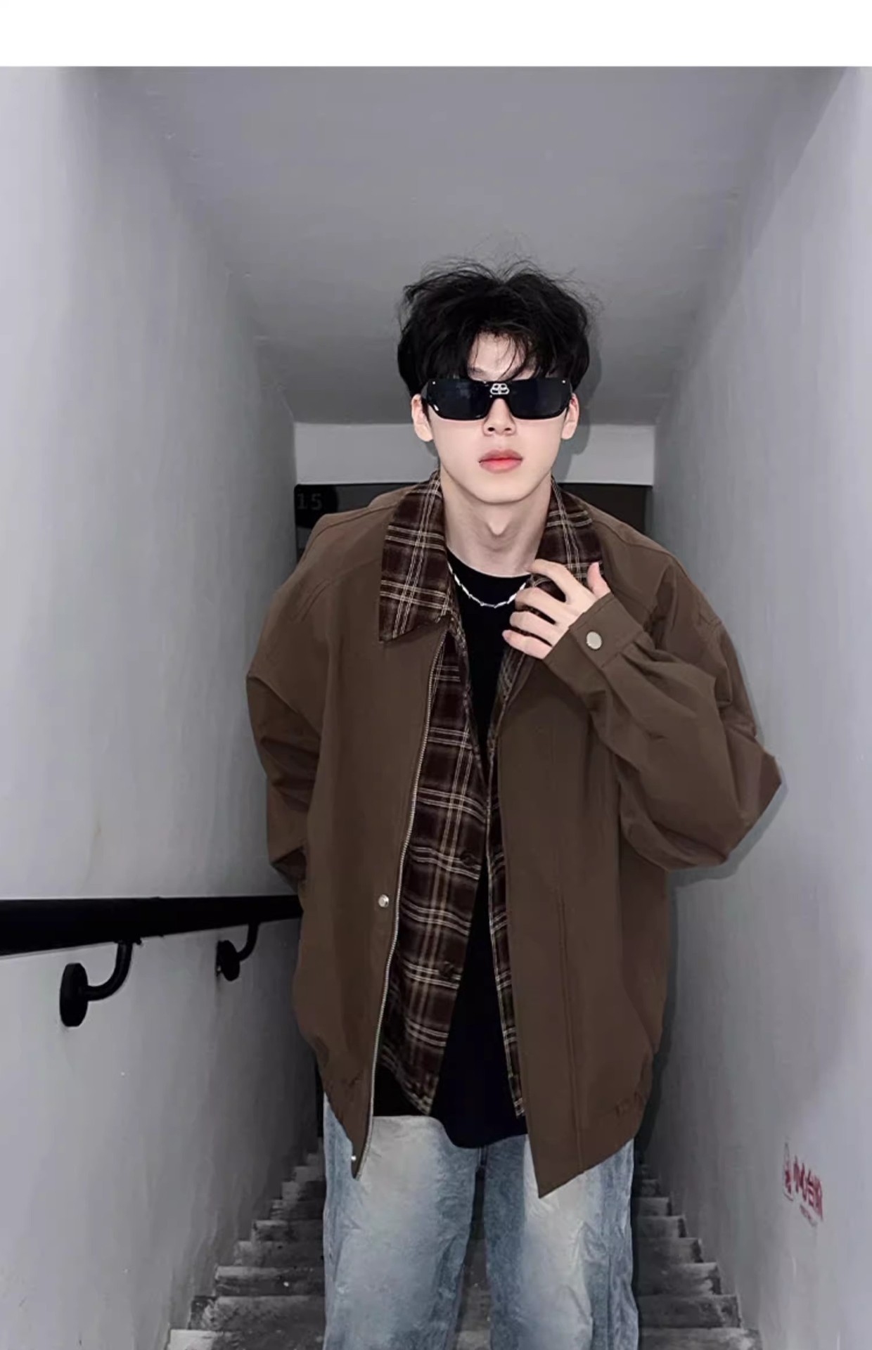 Casual And Cool Workwear Plaid Lapel Patchwork Jacket, Men's Trendy Loose Jacket_voghion.com