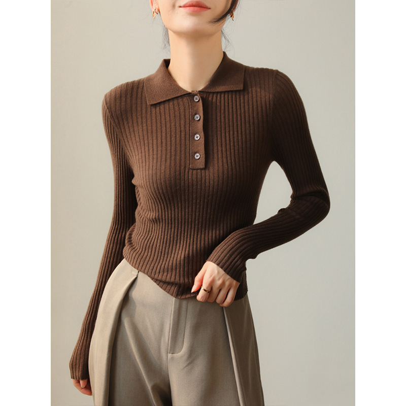 Short Polo Collar Ribbed Wool Slim Fit Early Autumn Pullover Knit Base Sweater Layered Top in Coffee Color for Women