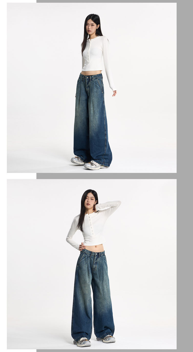 LKTM Vintage Washed Color-Fade Bamboo Jeans Wide Leg Trousers Retro American Style for Men And Women_viptrois.com