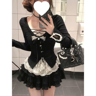 黑曼巴 秋季辣妹純欲風顯瘦長袖假兩件上衣蓬蓬半裙兩件套裝女生