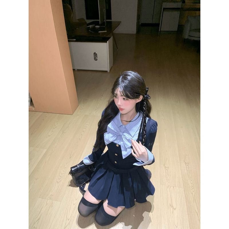 （下内里）短裙秋季收腰显瘦学院风设计感拼接POLO领蝴蝶结连衣裙|undefined